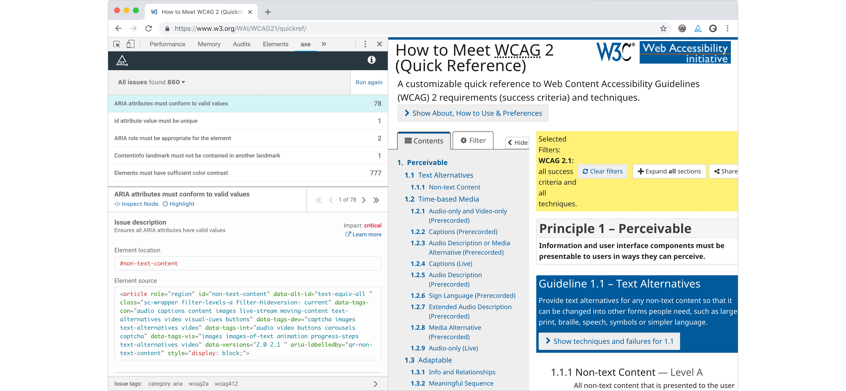 Screenshot of Axe accessibility tool